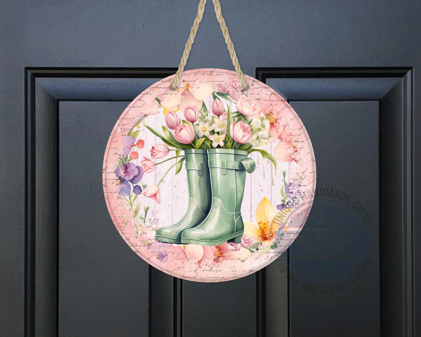 Spring Garden Boots - Pink Tulip Floral Door Hanger | Rustic Farmhouse Charm - additional product photo 10