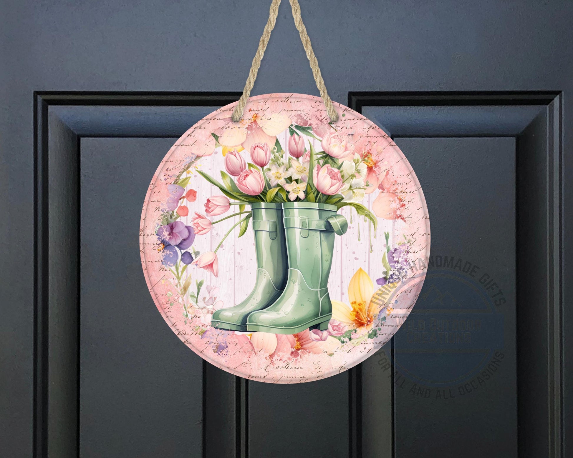 Spring Garden Boots - Pink Tulip Floral Door Hanger | Rustic Farmhouse Charm - additional product photo 10