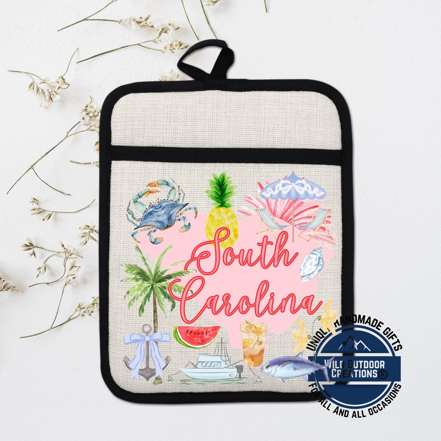 South Carolina Pot Holder – Non Slip Potholder with Linen Sublimation Fabric, Coastal Kitchen Decor - scale and size refer...