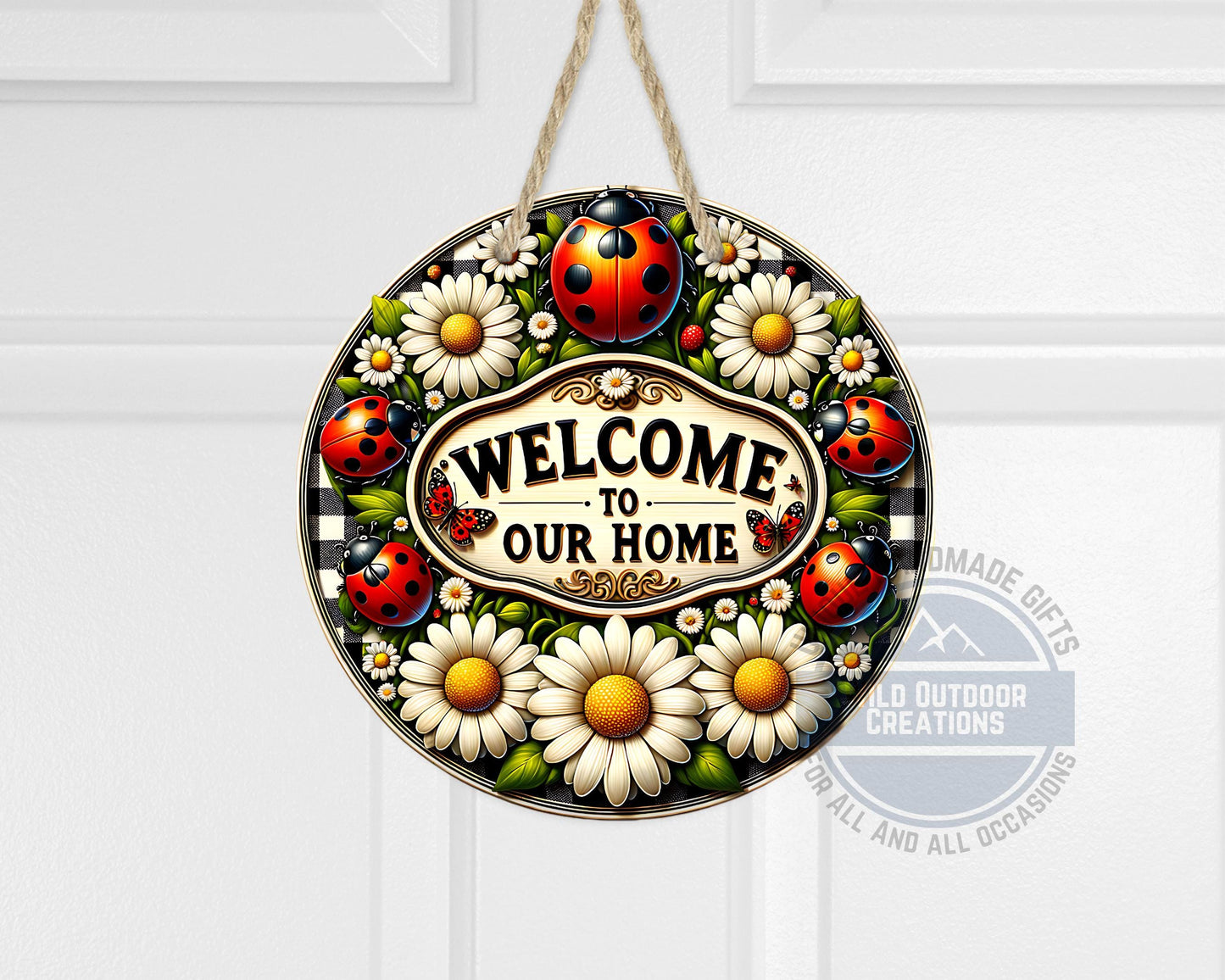 Welcome Door Hanger - Outdoor Aluminum Round Sign With Ladybug & Daisy Design - alternate view