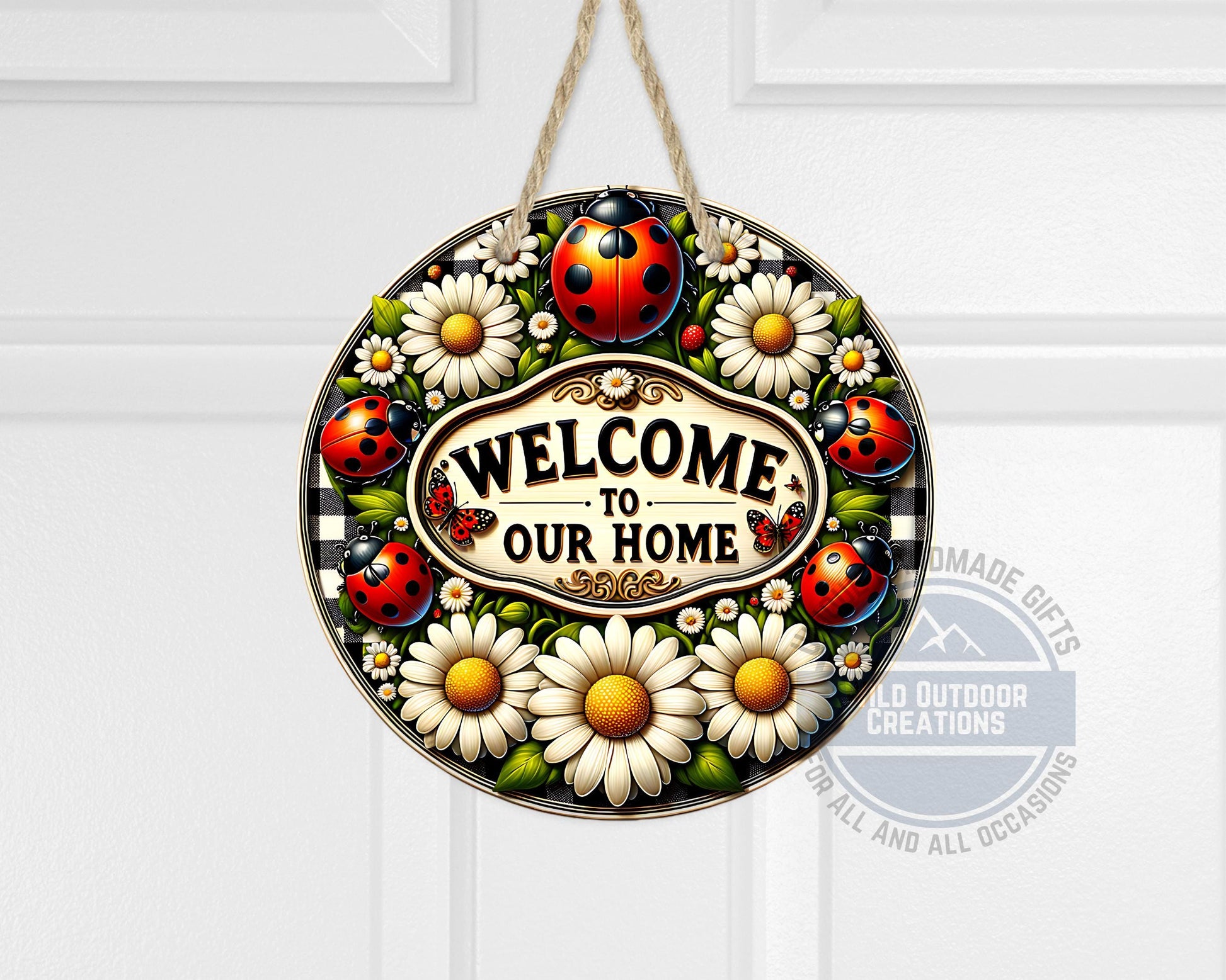 Welcome Door Hanger - Outdoor Aluminum Round Sign With Ladybug & Daisy Design - alternate view
