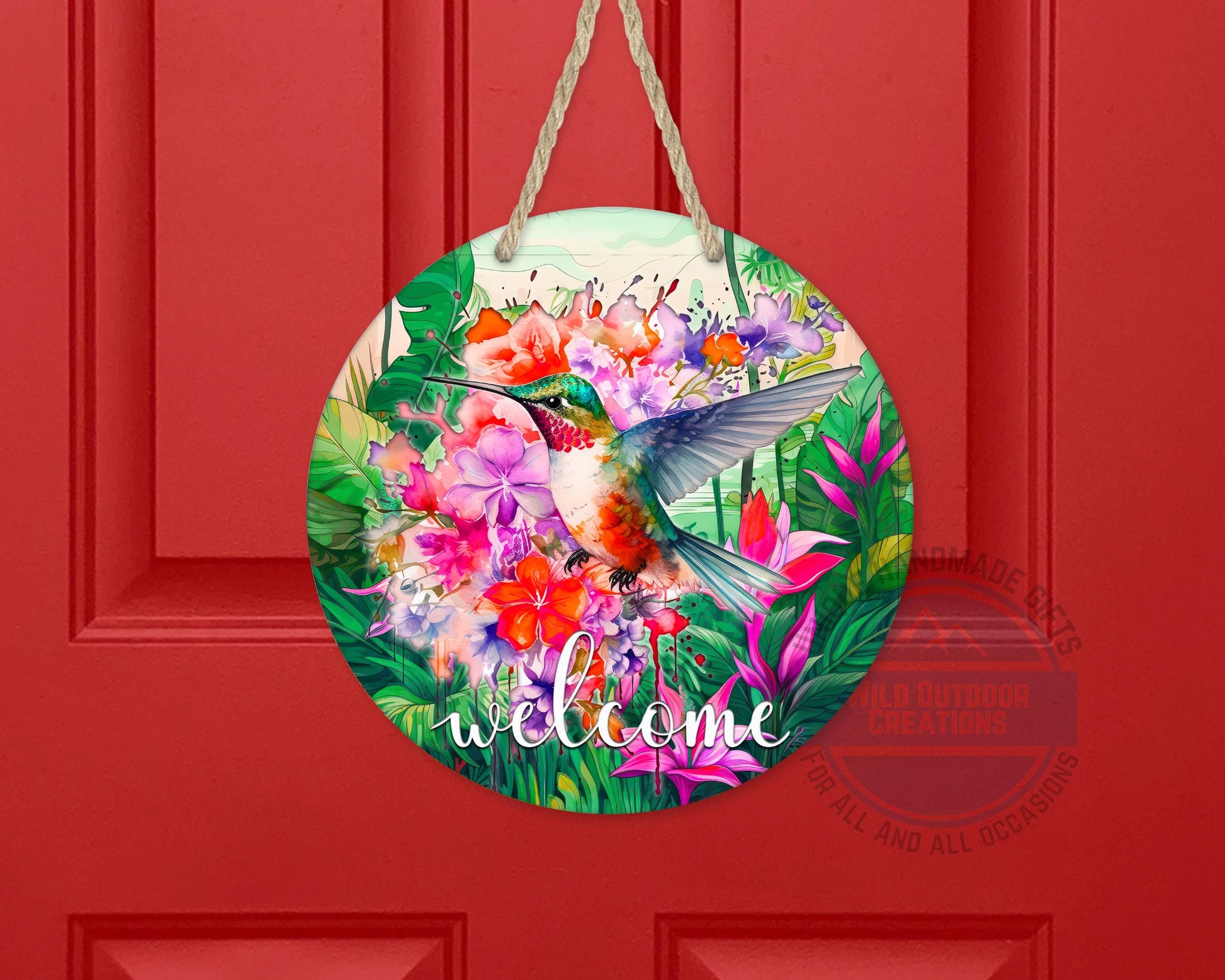 Floral Hummingbird Door Decor - Weather Resistant Garden Door Decor Sign - additional angle