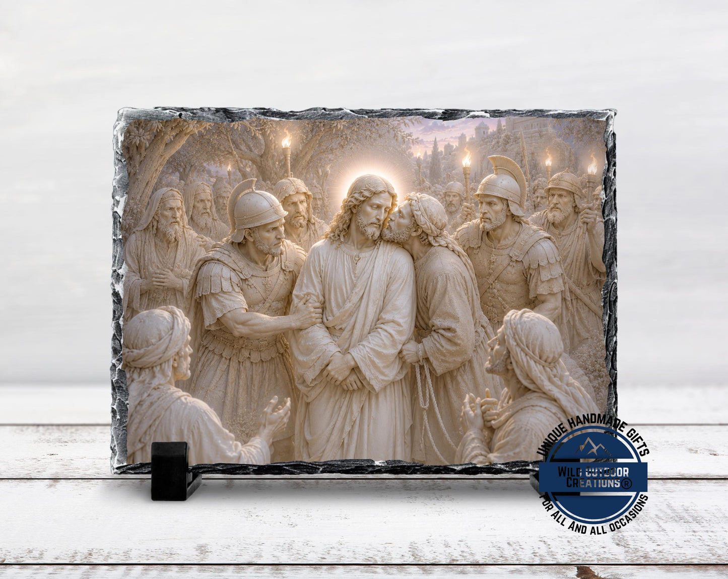 Betrayal of Jesus Slate Plaque, Judas Kiss Religious Wall Decor, Christian Easter Gift