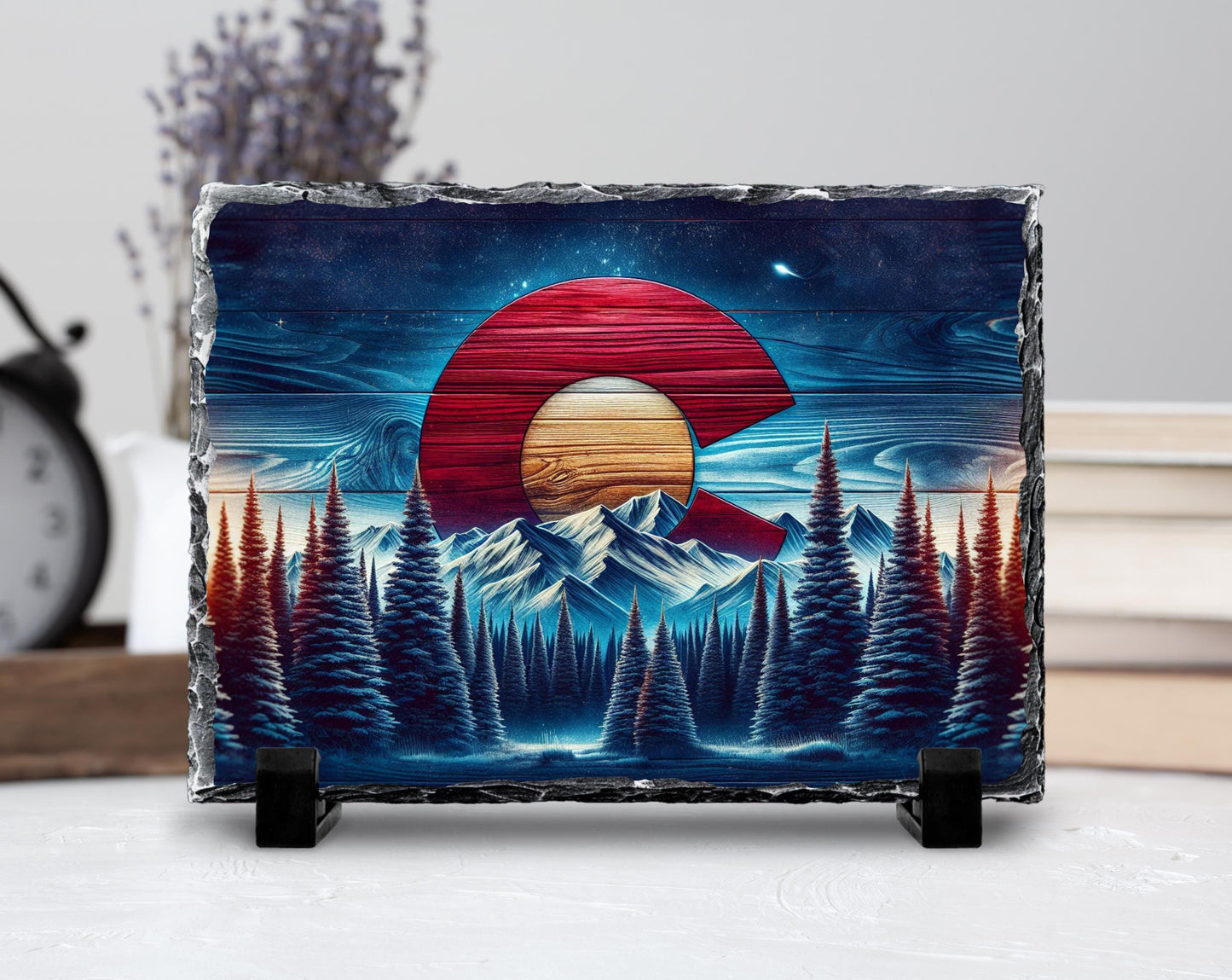 Rustic Slate Plaque | Colorado Mountain Decor - Handcrafted Natural Stone Tabletop Display - product dimensions and specif...