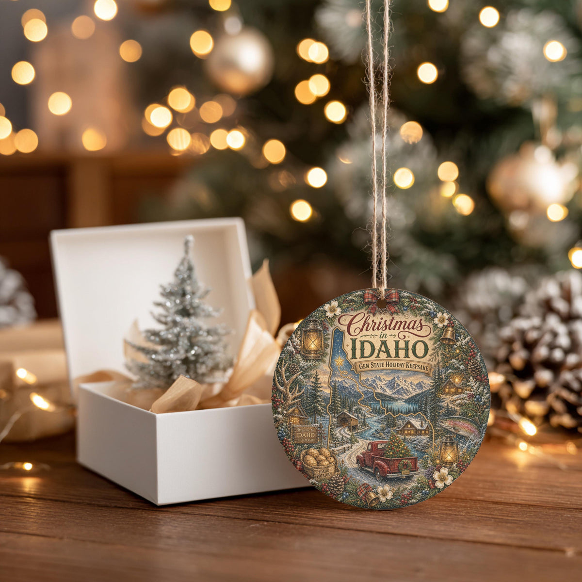 Idaho Ornament, Vintage Truck Ceramic Keepsake, Snowy Cabin Gift