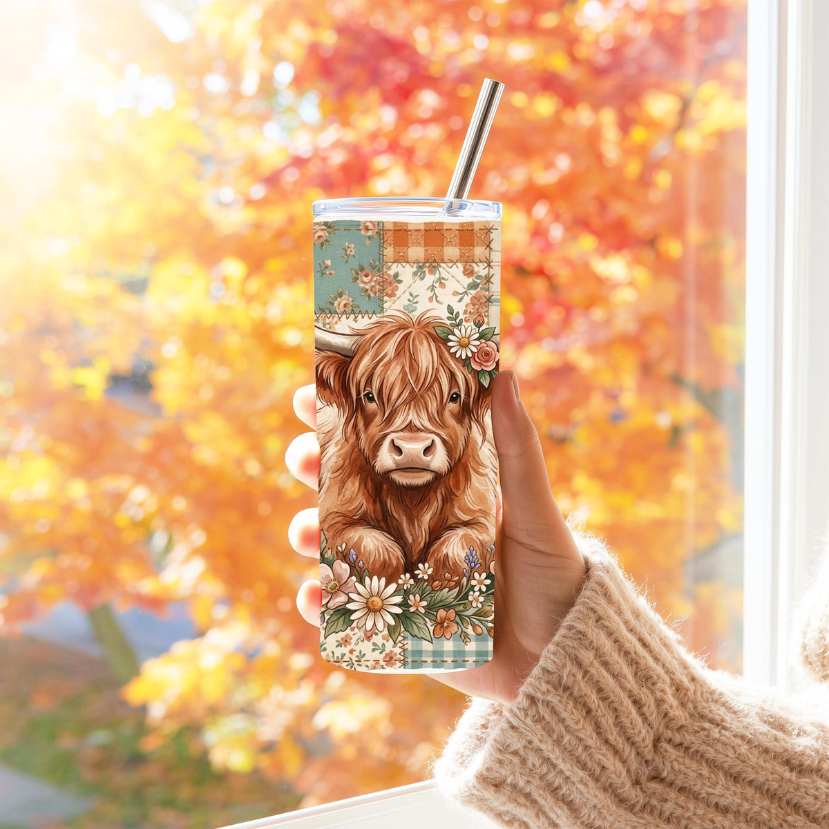 Highland Cow Tumbler | Floral Patchwork 20 Oz Skinny, Teal Peach Farmhouse
