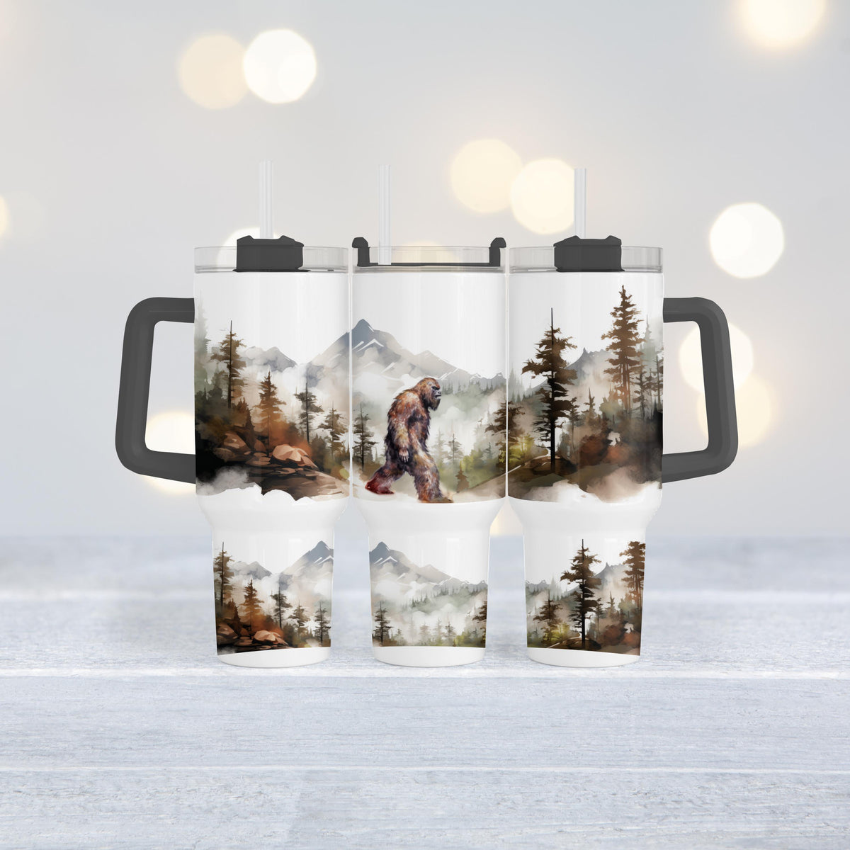 Bigfoot Tumbler, 40 Oz Handle Cup, Misty Forest Sasquatch Gift