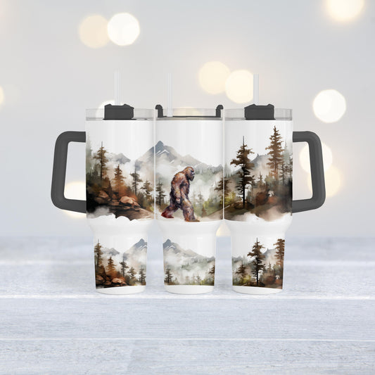 Bigfoot Tumbler, 40 Oz Handle Cup, Misty Forest Sasquatch Gift