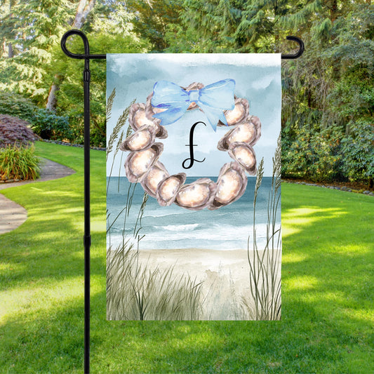 Beach Themed Initial Garden Flag, Custom Oyster Wreath & Blue Bow