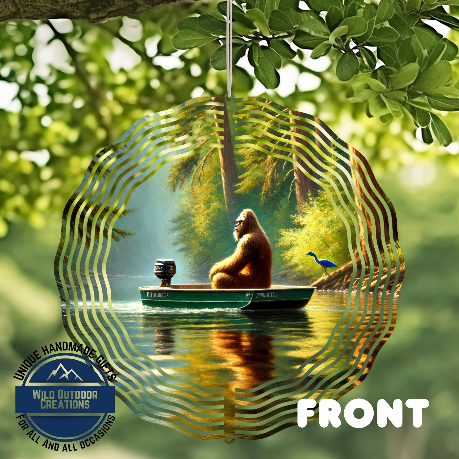 a large brown orangutan sitting in a boat on a river, surrounded by lush green foliage.