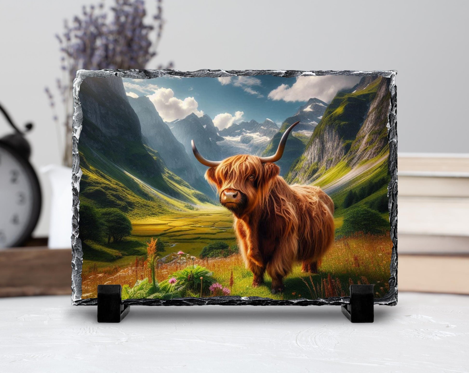 Highland Cow Slate Plaque – Durable Natural Stone Decor with Mountain View - product dimensions and specifications
