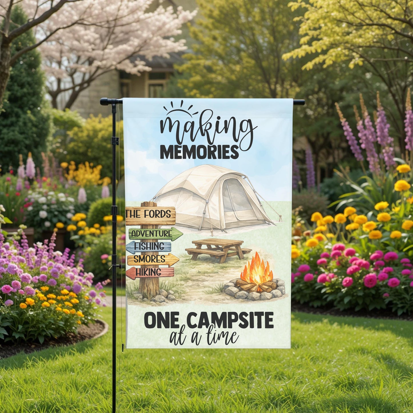 Personalized Camping Flag - Custom Tent Camping Garden Flag 12x18 Double Sided - close up detail