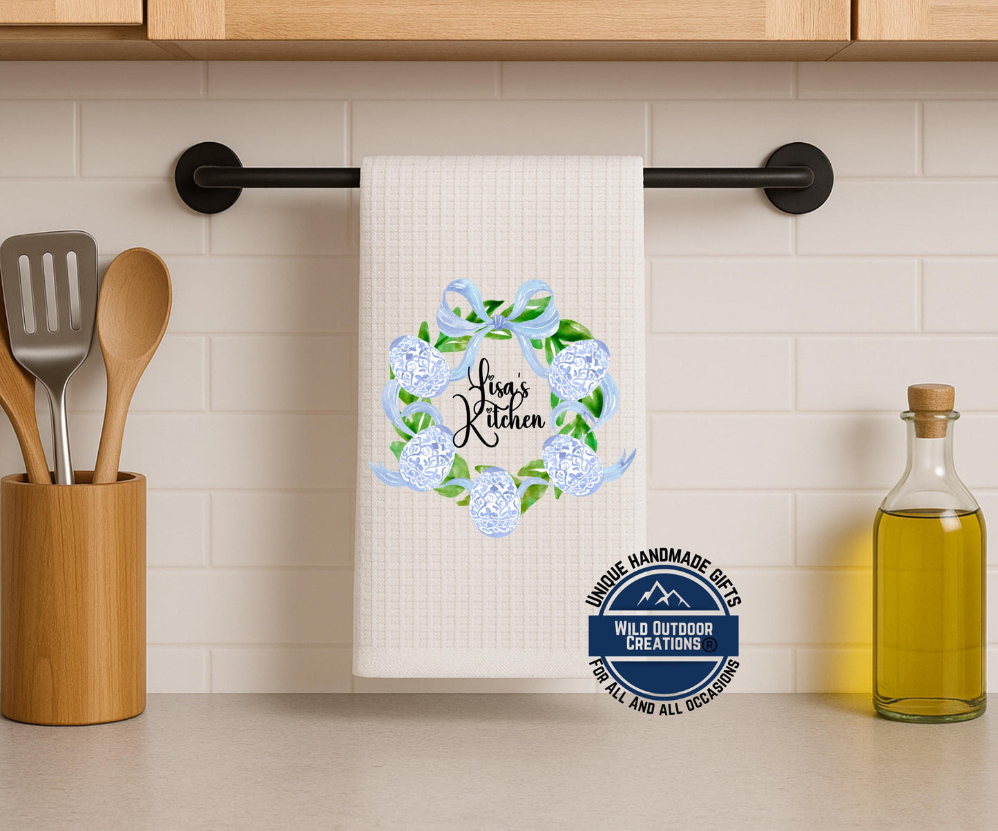 Personalized Easter Towel – Custom Name Kitchen Towel With Blue Chinoiserie Wreath - additional product photo 10