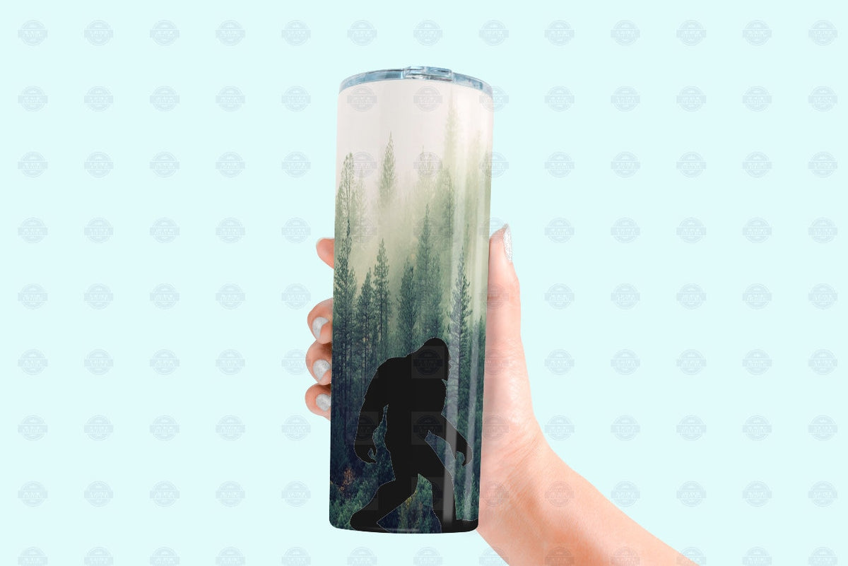 Bigfoot Tumbler Cup, Green Forest Fog Scene, 20Oz Stainless Steel
