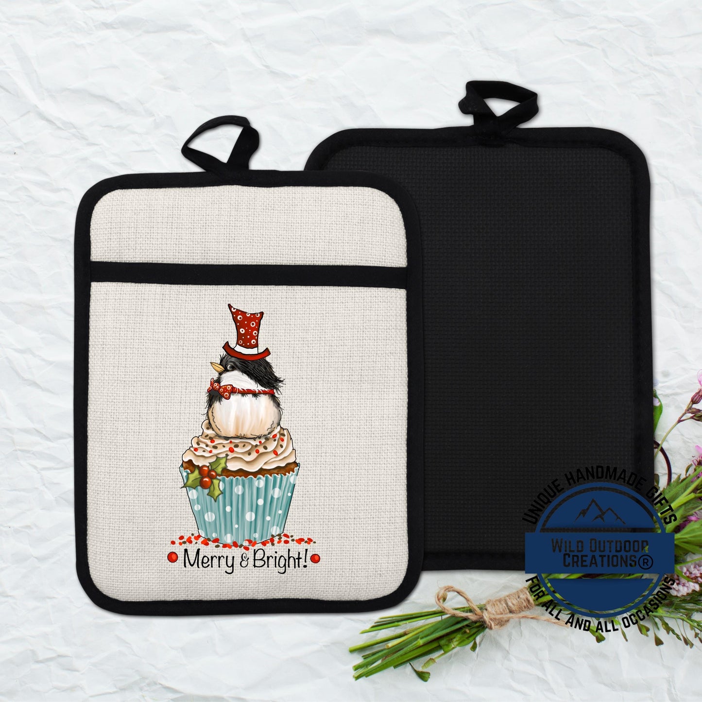 Chickadee Cupcake Pot Holder Linen Hot Pad Merry Bright Christmas Kitchen Gift