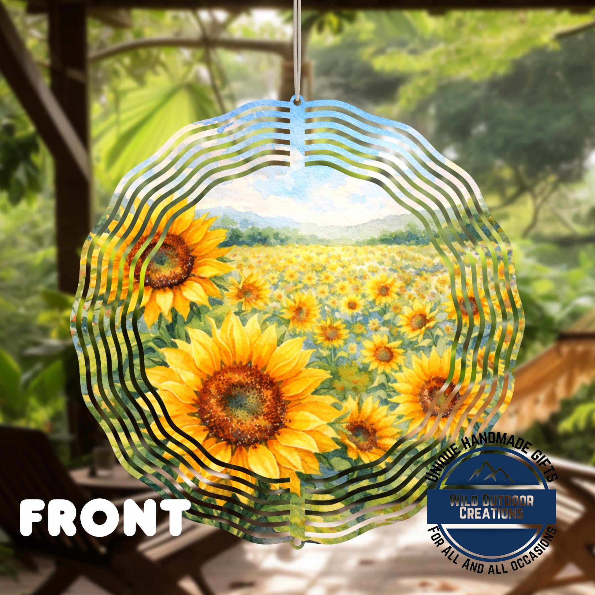 Sunflower Wind Spinner - Double Sided Aluminum Garden Spinner, 10 Inch Patio Hanging Decor - shown spinning in outdoor gar...