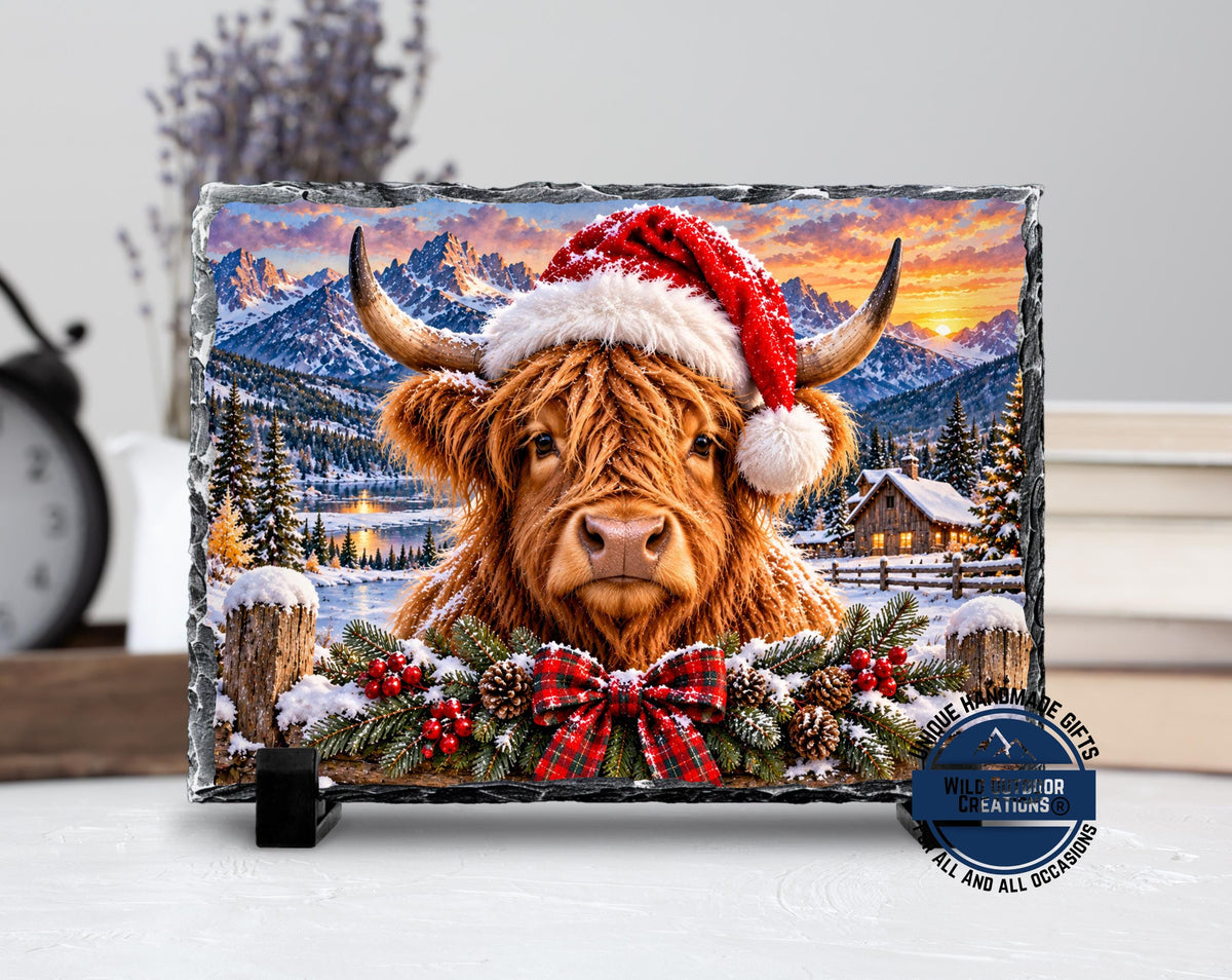 Highland Cow Christmas Slate Plaque, Rustic Farmhouse Holiday Decor, Cow Lover Gift