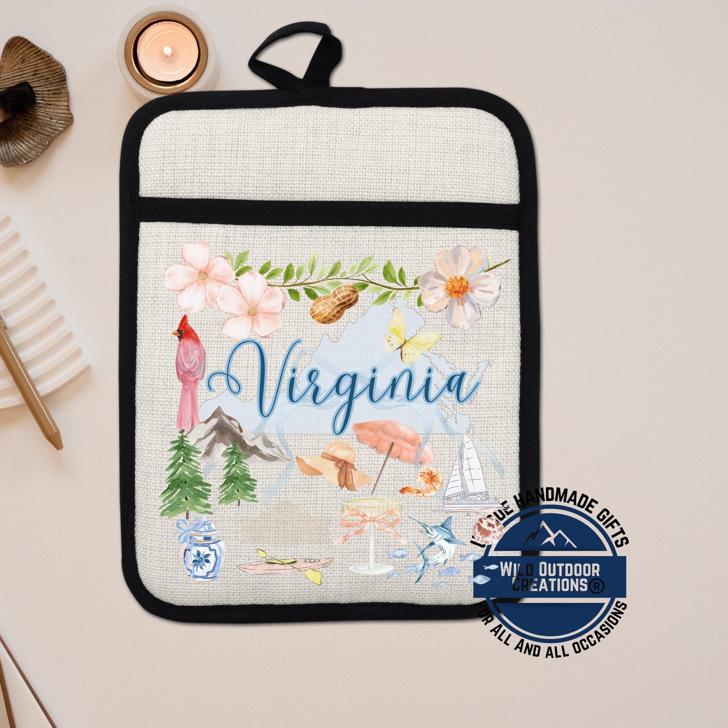 Virginia Pot Holder – Linen Kitchen Accessory With Cardinal Watercolor Design - detail view