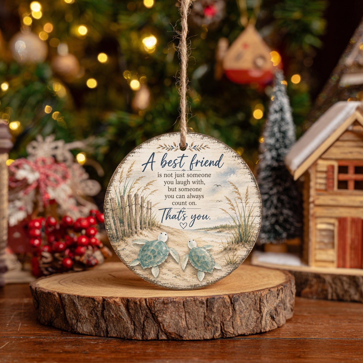 A round wooden ornament with a message about friendship hangs on a wooden stand, with a blurred background of Christmas lights and a small wooden cabin.