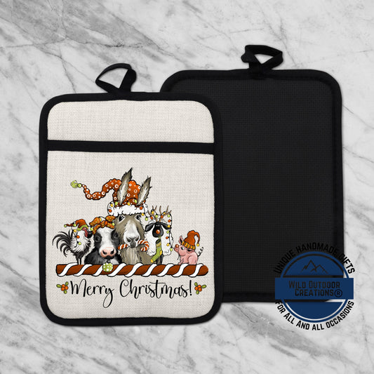 Christmas Farm Animal Pot Holder Linen Hot Pad Donkey Cow Pig Kitchen Gift