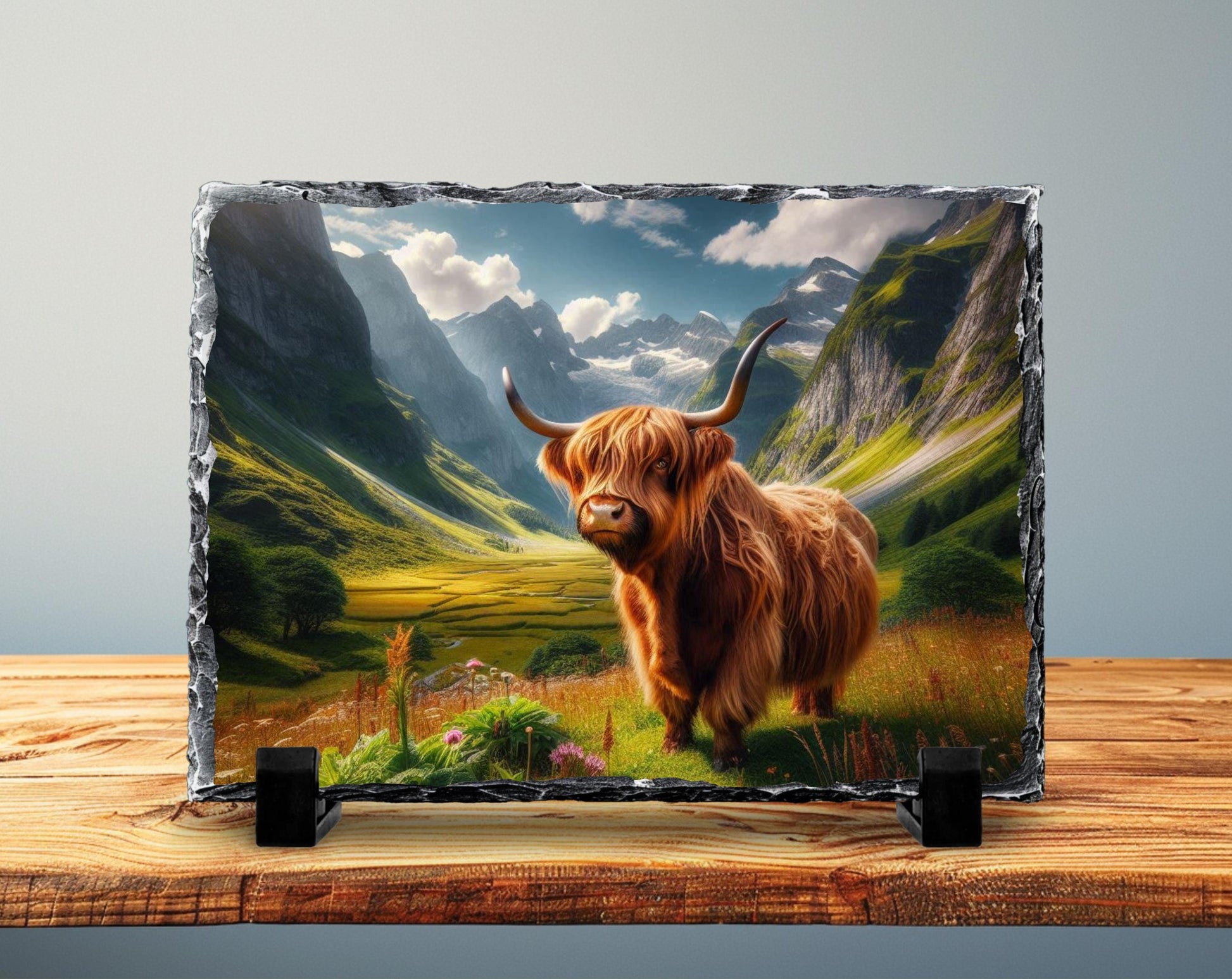 Highland Cow Slate Plaque – Durable Natural Stone Decor with Mountain View - alternate view