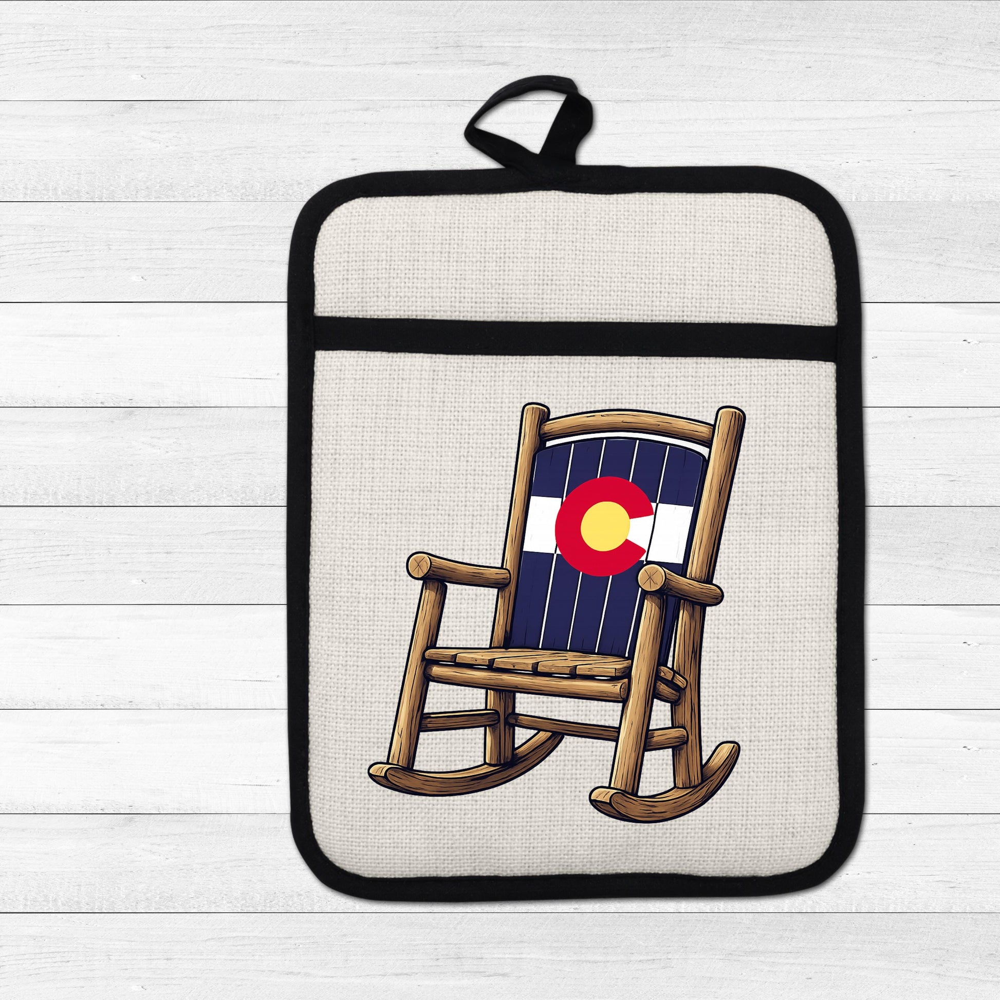Linen Oven Mitt - Colorado Rocking Chair Pot Holder with Trivet & Heat Resistant Design - gift presentation view