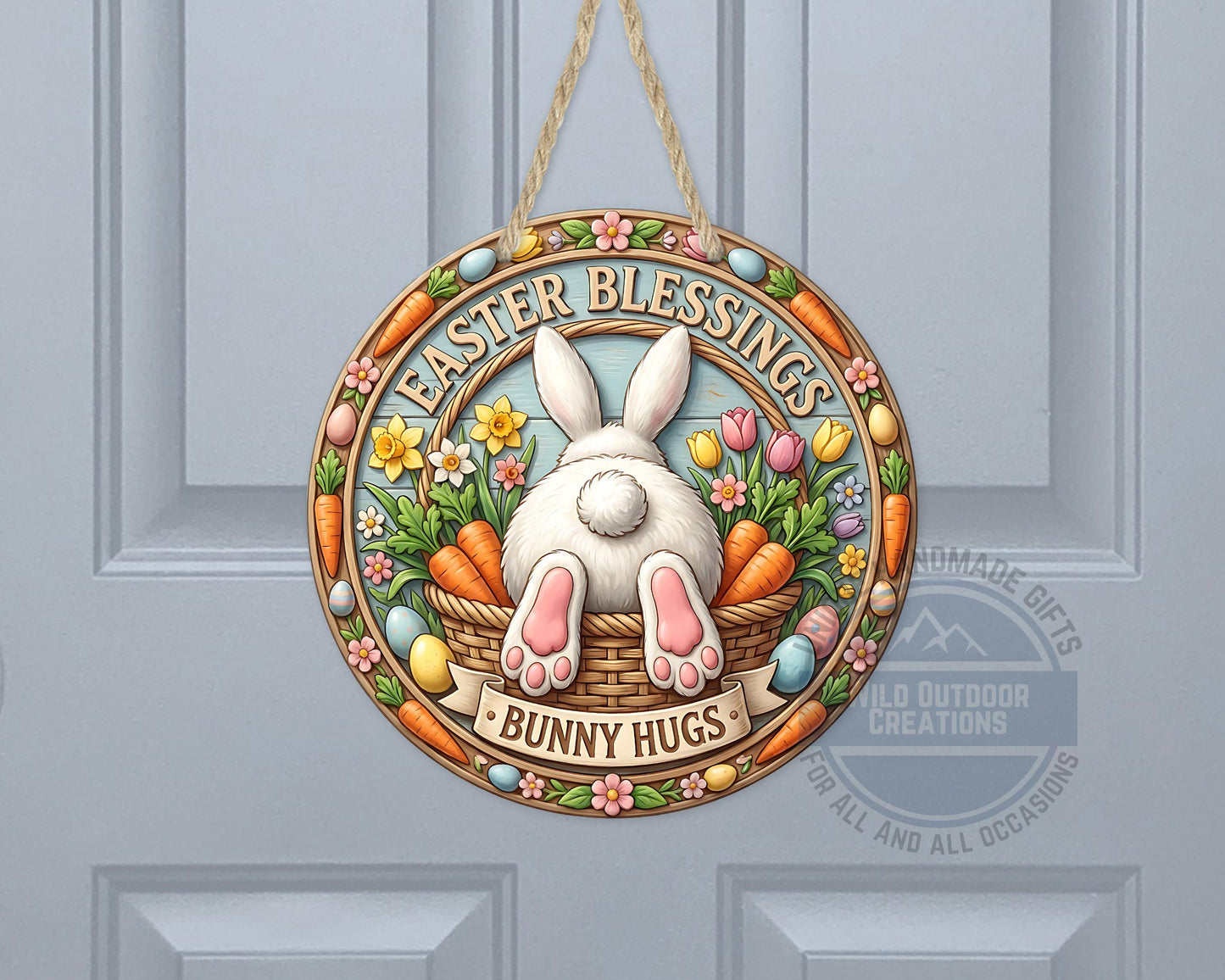 Easter Door Hanger - Round Aluminum Bunny Hugs Sign | Spring Porch Decor - gift presentation view