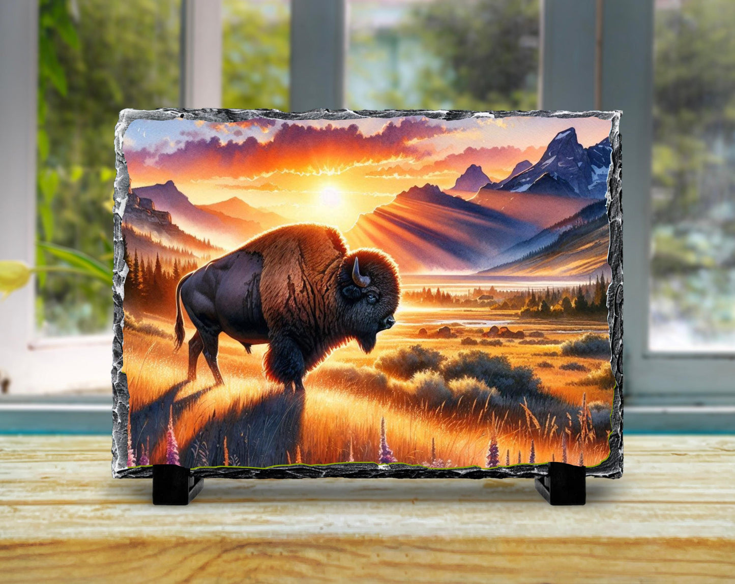 Bison Sunset Slate Sign – Rustic Buffalo Mountain Art With Fade Resistant Printing - packaging and presentation