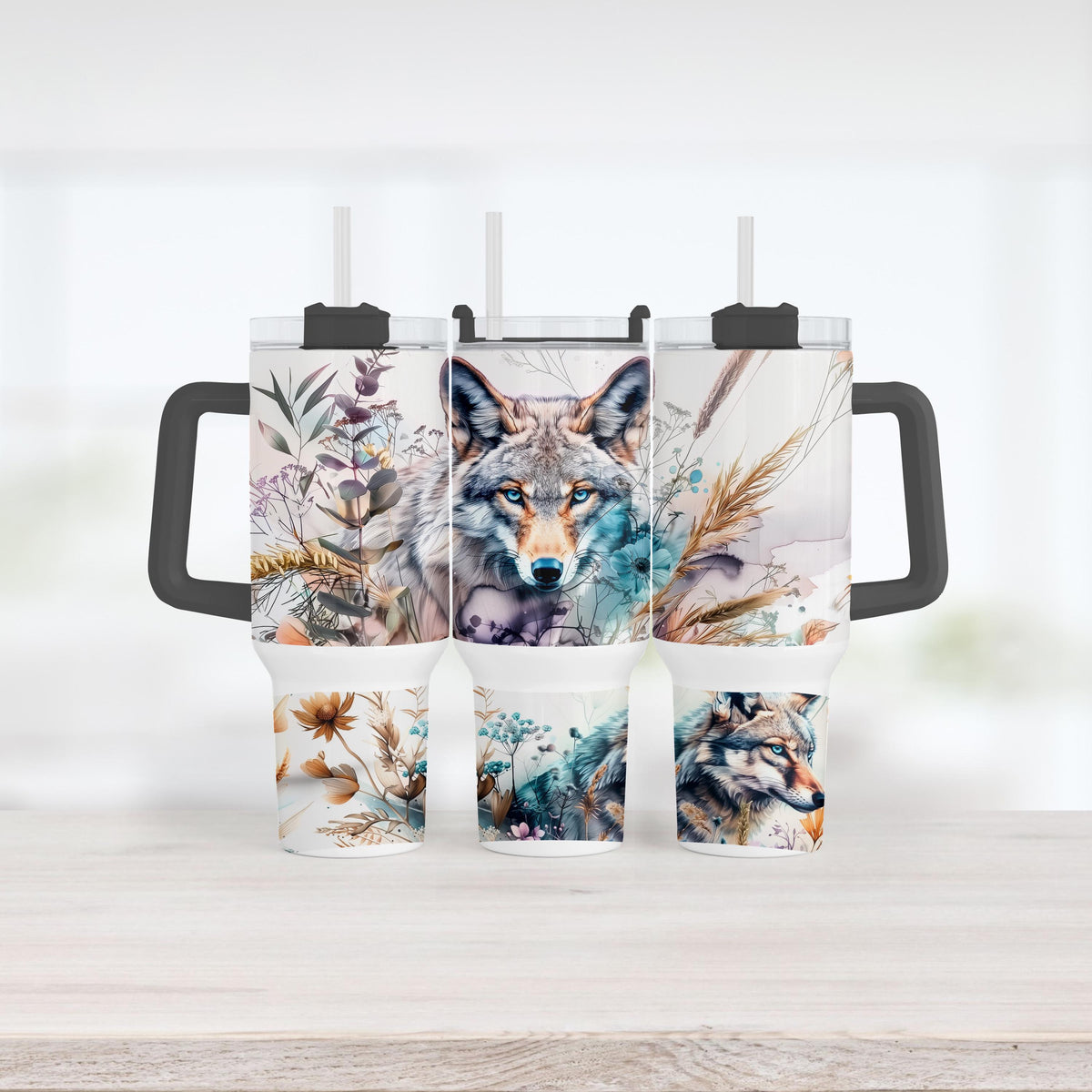 Boho Wolf Tumbler, 40 Oz With Handle, Wildflower Cup Gift For Her