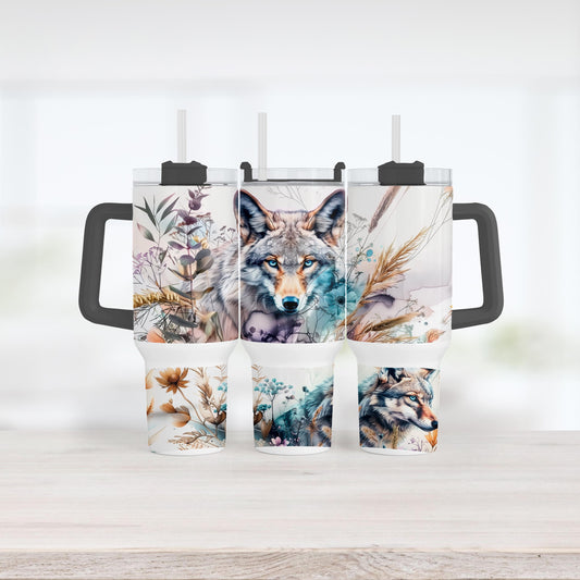 Boho Wolf Tumbler, 40 Oz With Handle, Wildflower Cup Gift For Her