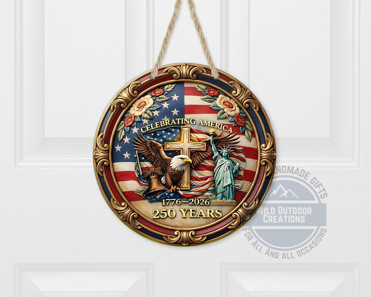Patriotic Door Hanger - America 250 Decor | Eagle And Flag Aluminum Sign - scale and size reference