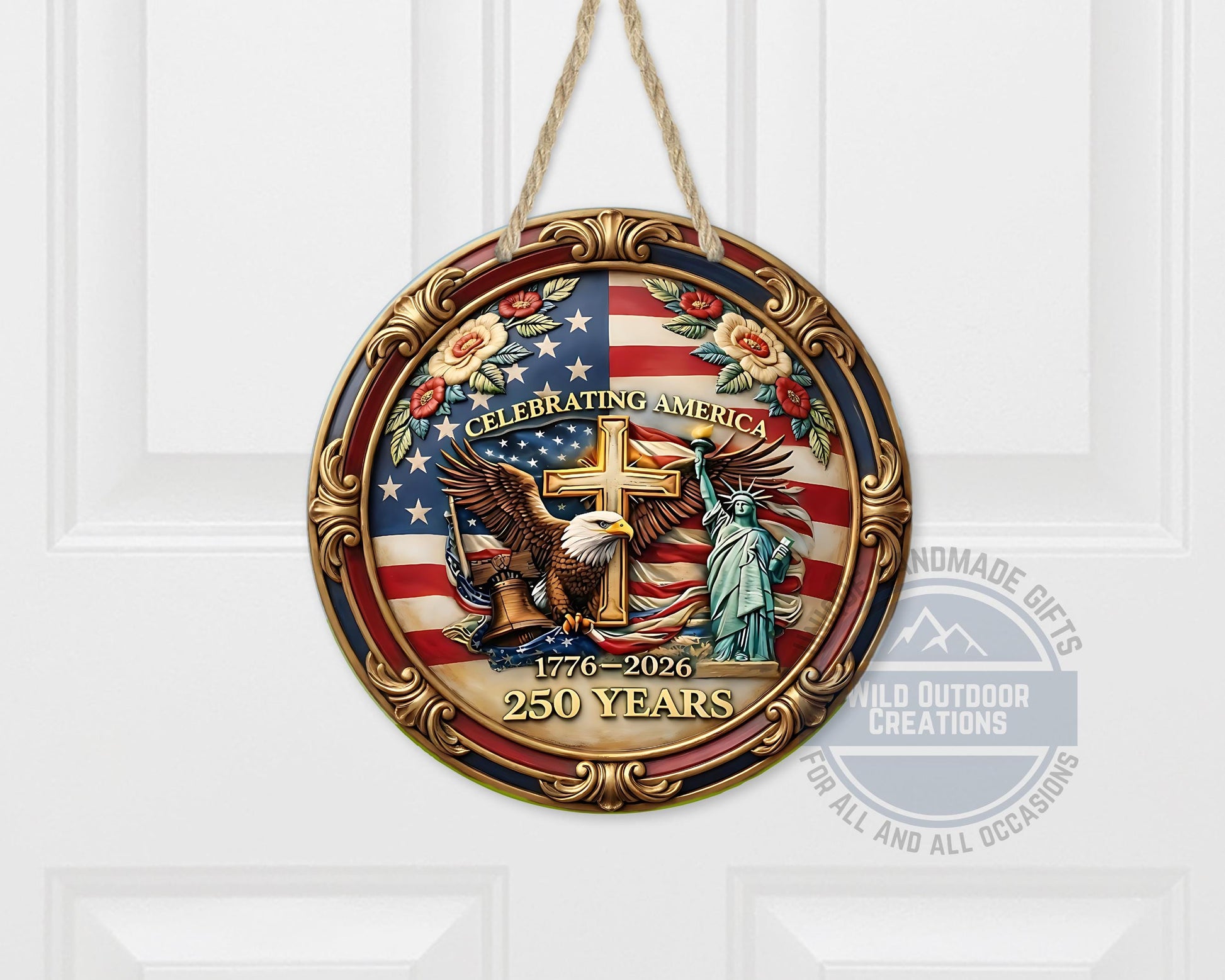 Patriotic Door Hanger - America 250 Decor | Eagle And Flag Aluminum Sign - scale and size reference