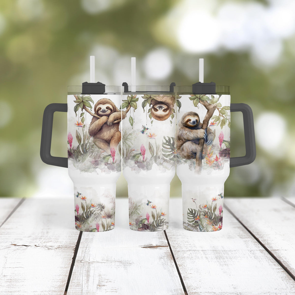 Sloth 40 Oz Tumbler With Handle, Tropical Jungle Floral Cup, Gift