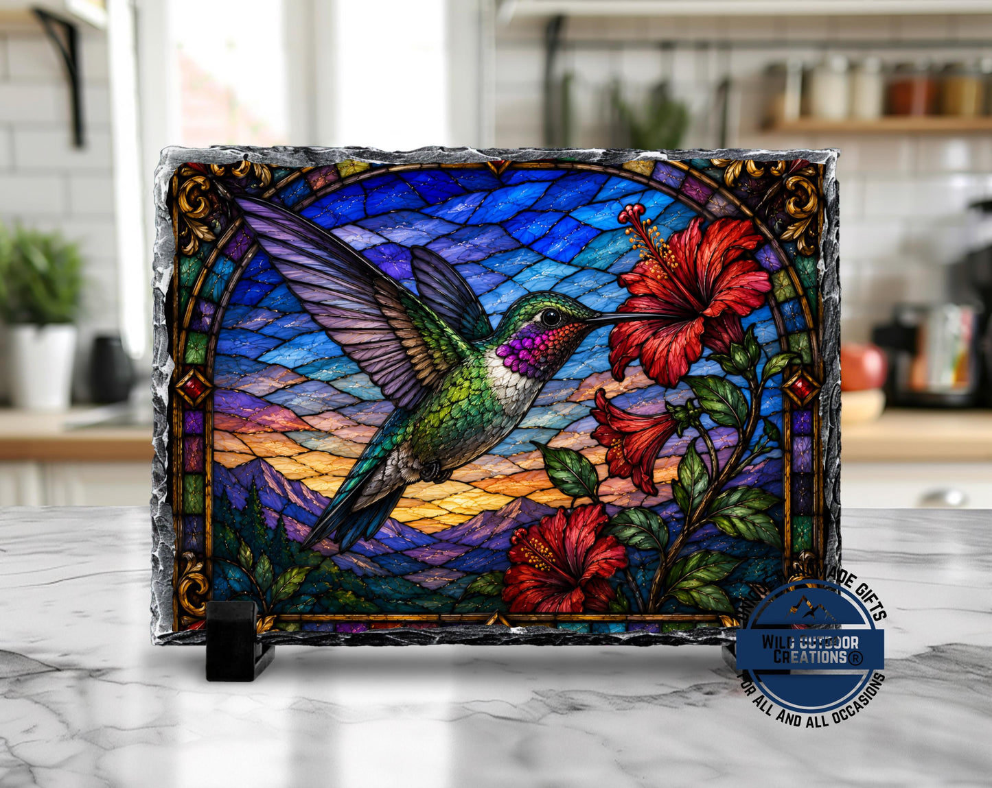 Hummingbird Faux Stained Glass Slate Plaque, Hibiscus Sunset Bird Decor, Garden Lover Gift