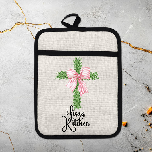 Personalized Cross Pot Holder – Pink Floral Cross, Custom Name Kitchen Gift