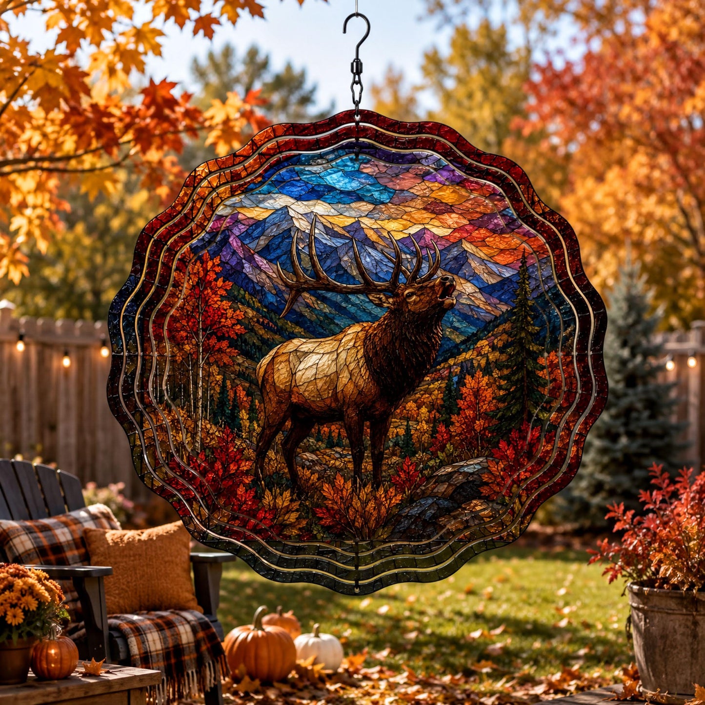 Elk Faux Stained Glass Wind Spinner Fall Mountain Wildlife Garden Decor