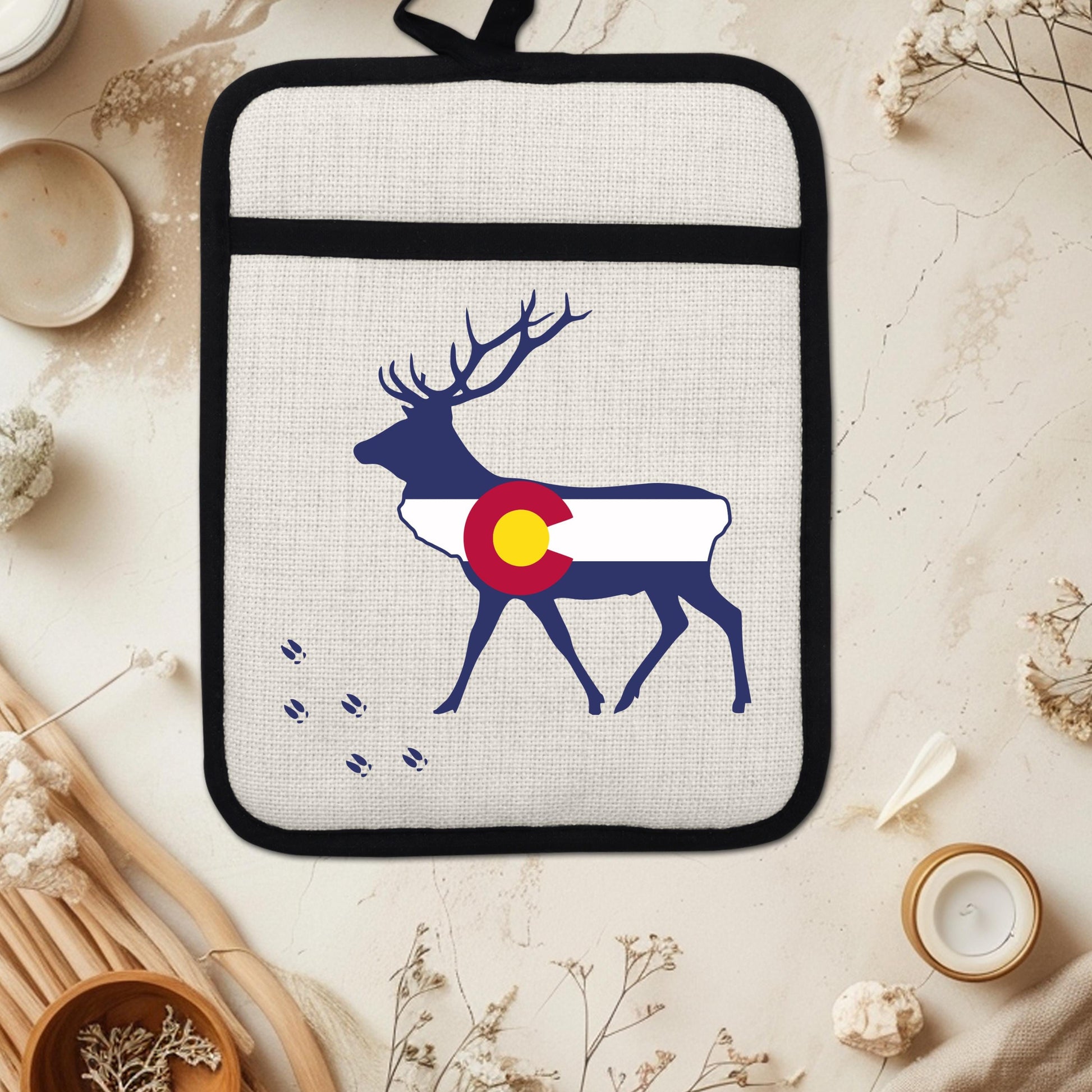 Elk Pot Holder - Colorado Linen With Silicone Back, Heat Resistant Trivet 9x7 Inches - lifestyle view