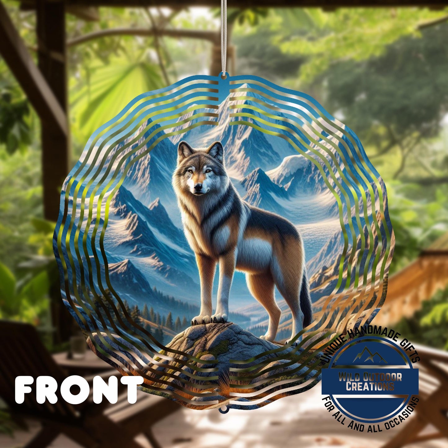Wolf Wind Spinner - Double Sided Aluminum Outdoor Wind Spinner, 10 Inch Garden Decor - back side design view