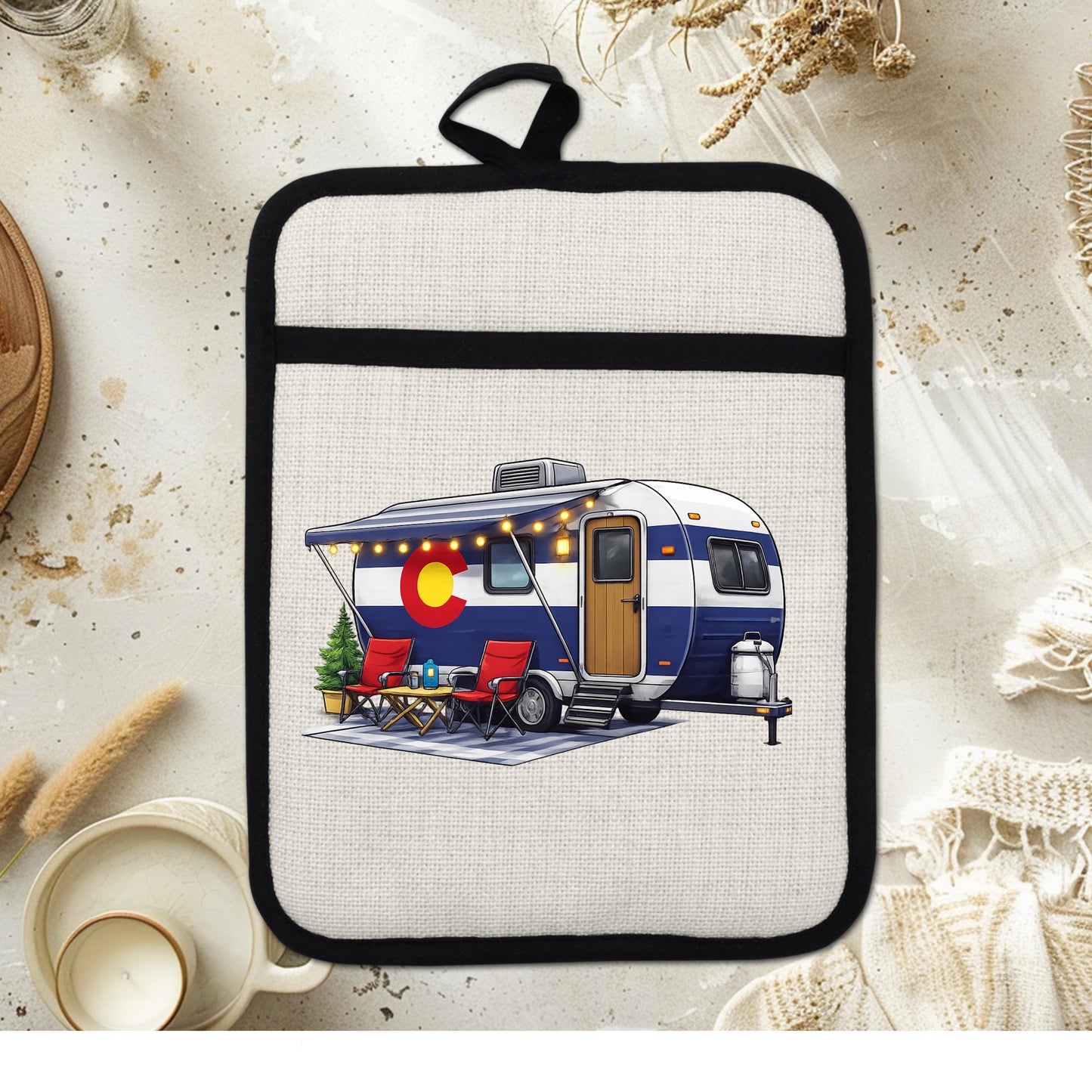 Colorado Camper Pot Holder - Linen Fabric, Silicone Heat Trivet With Loop - scale and size reference