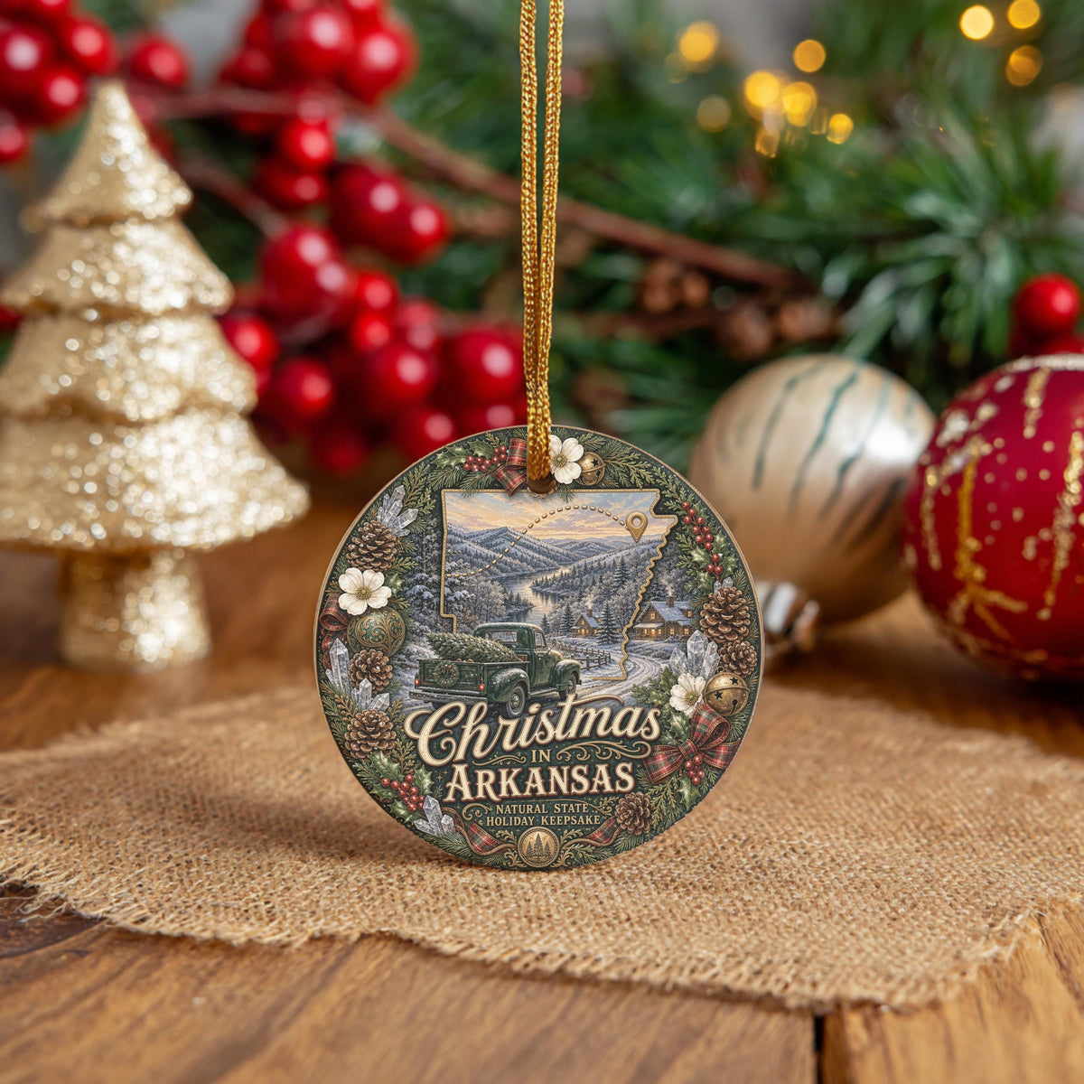 Arkansas Christmas Ornament, Vintage Truck River Ceramic Keepsake