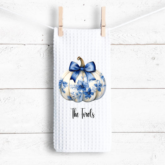 Custom Waffle Weave Towel with Chinoiserie Coquette Pumpkin  Blue Bow Design