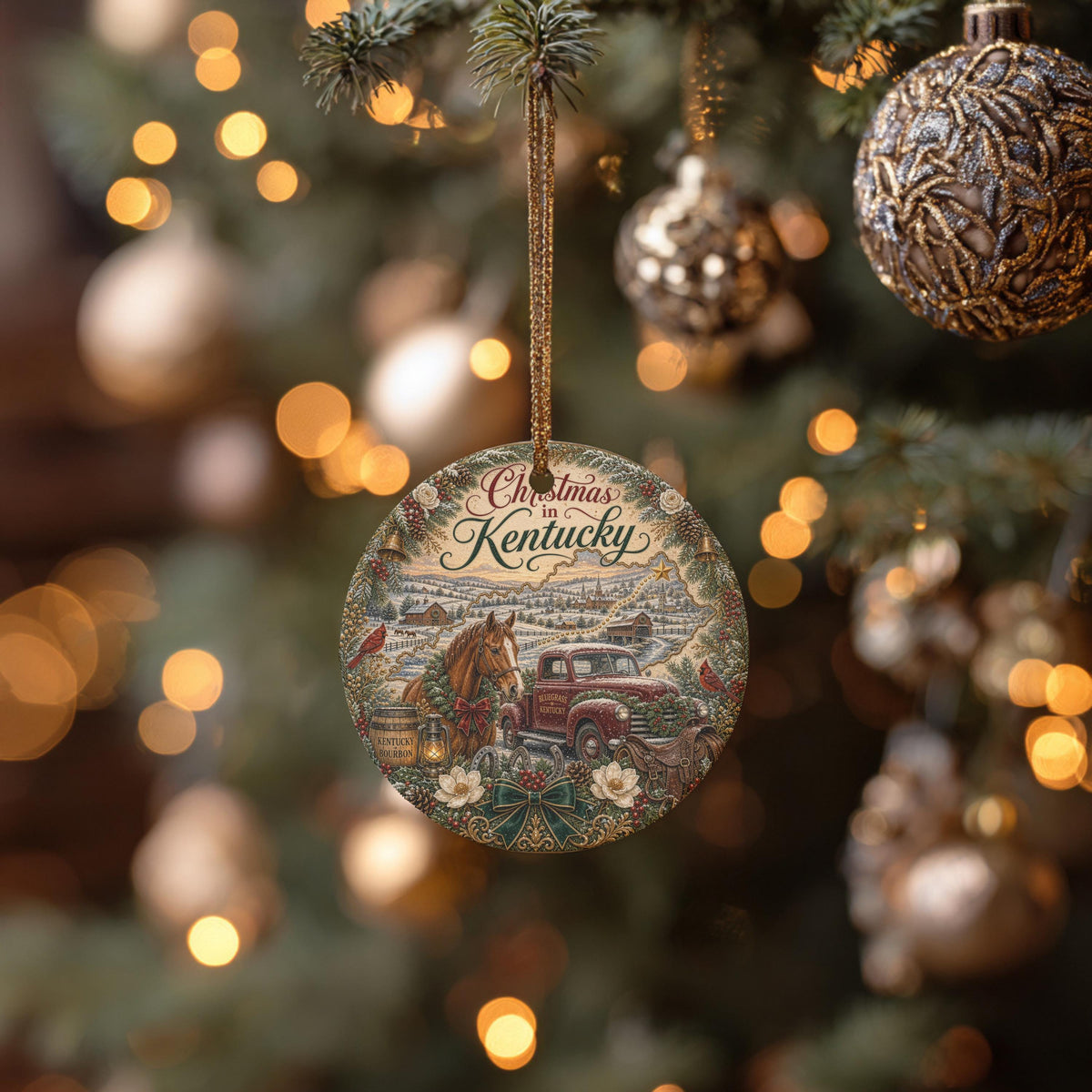 Kentucky Christmas Ornament, Bluegrass Horse Farm Ceramic Round