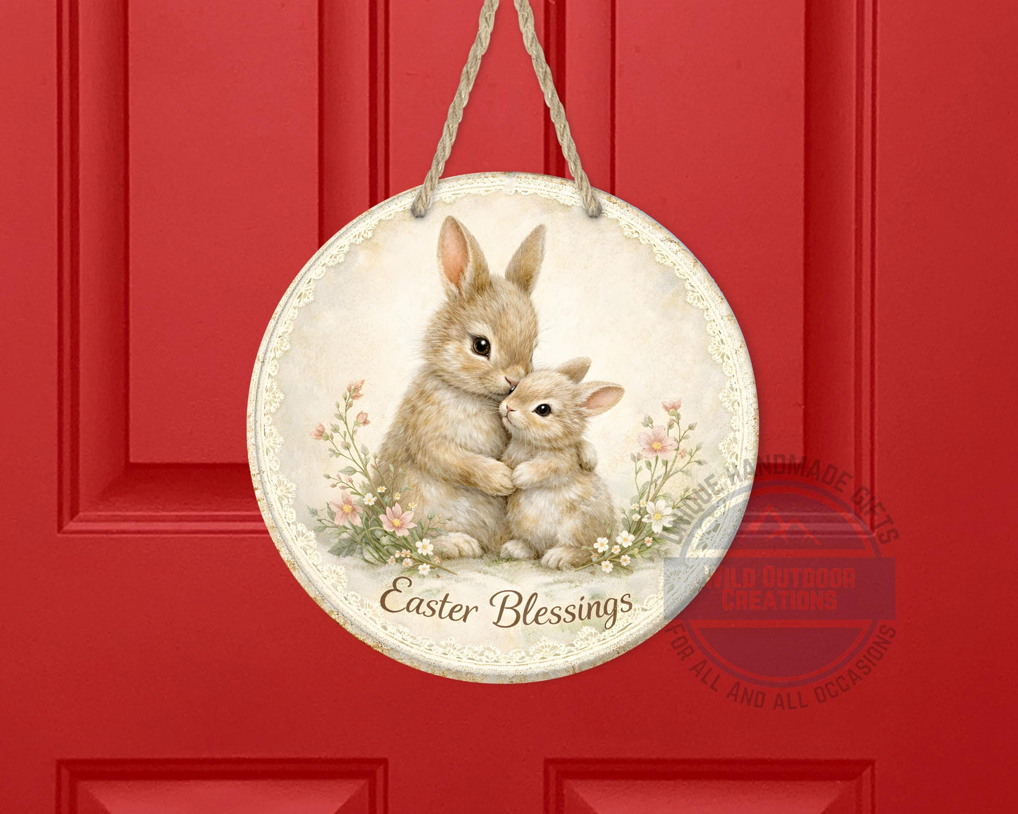 Spring Bunny Door Hanger – Floral Easter Sign | 10" Round Aluminum Decor - additional product photo 10
