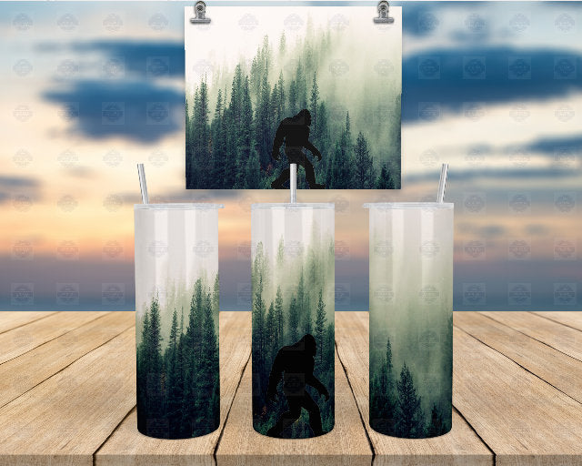 Bigfoot Tumbler Cup, Green Forest Fog Scene, 20Oz Stainless Steel