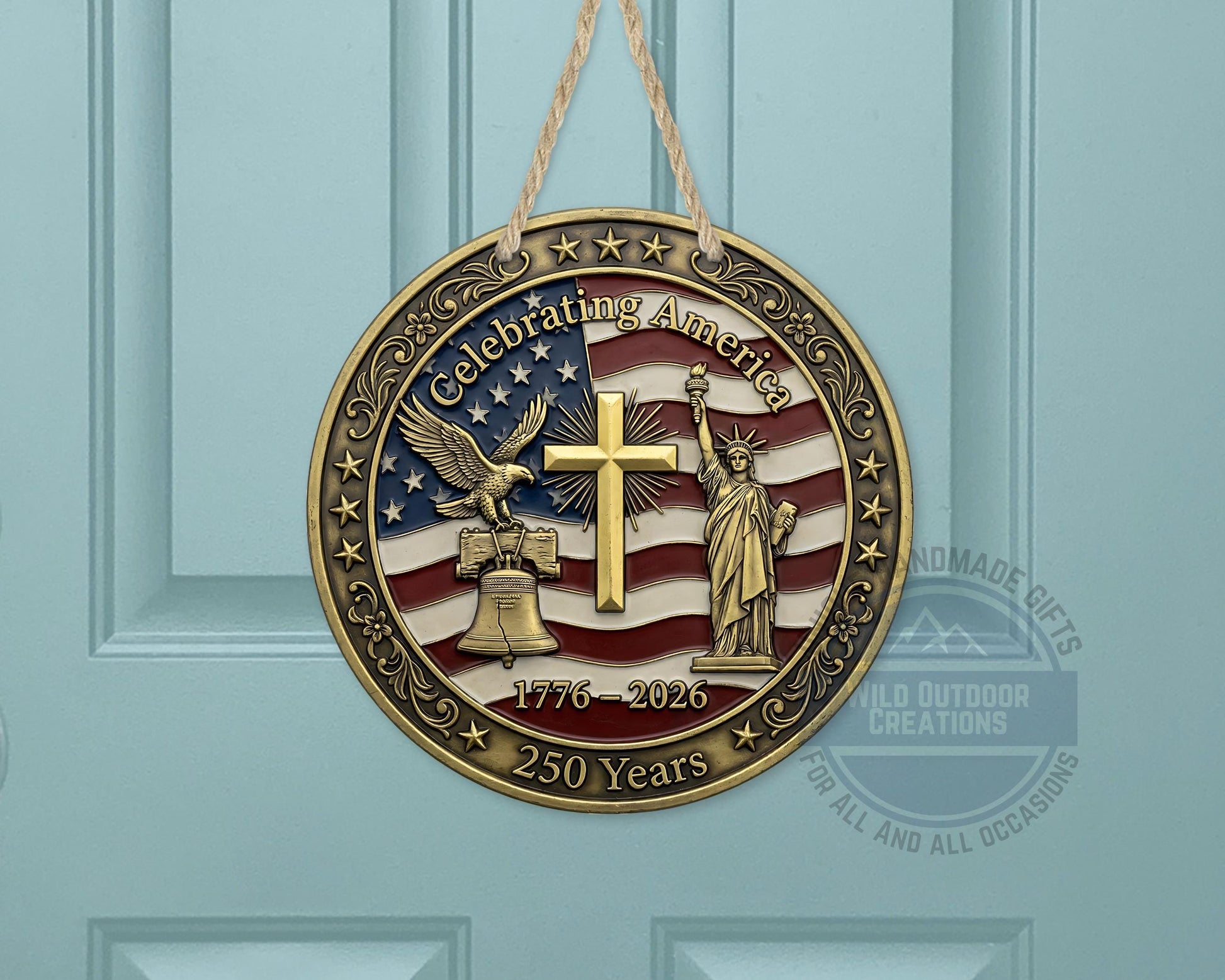 Patriotic Door Decor - America 250 Years Aluminum Door Sign 10" USA Hanger - detail view