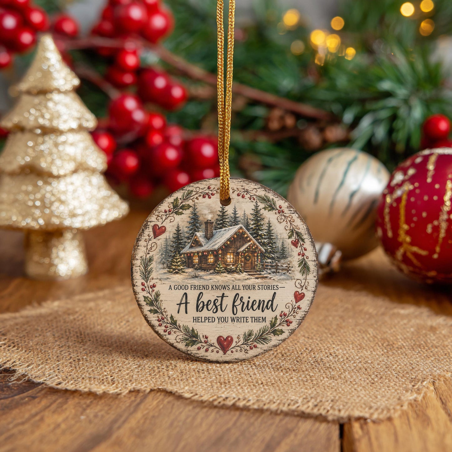 A wooden ornament with a Christmas tree and red berries in the background, along with other Christmas decorations.