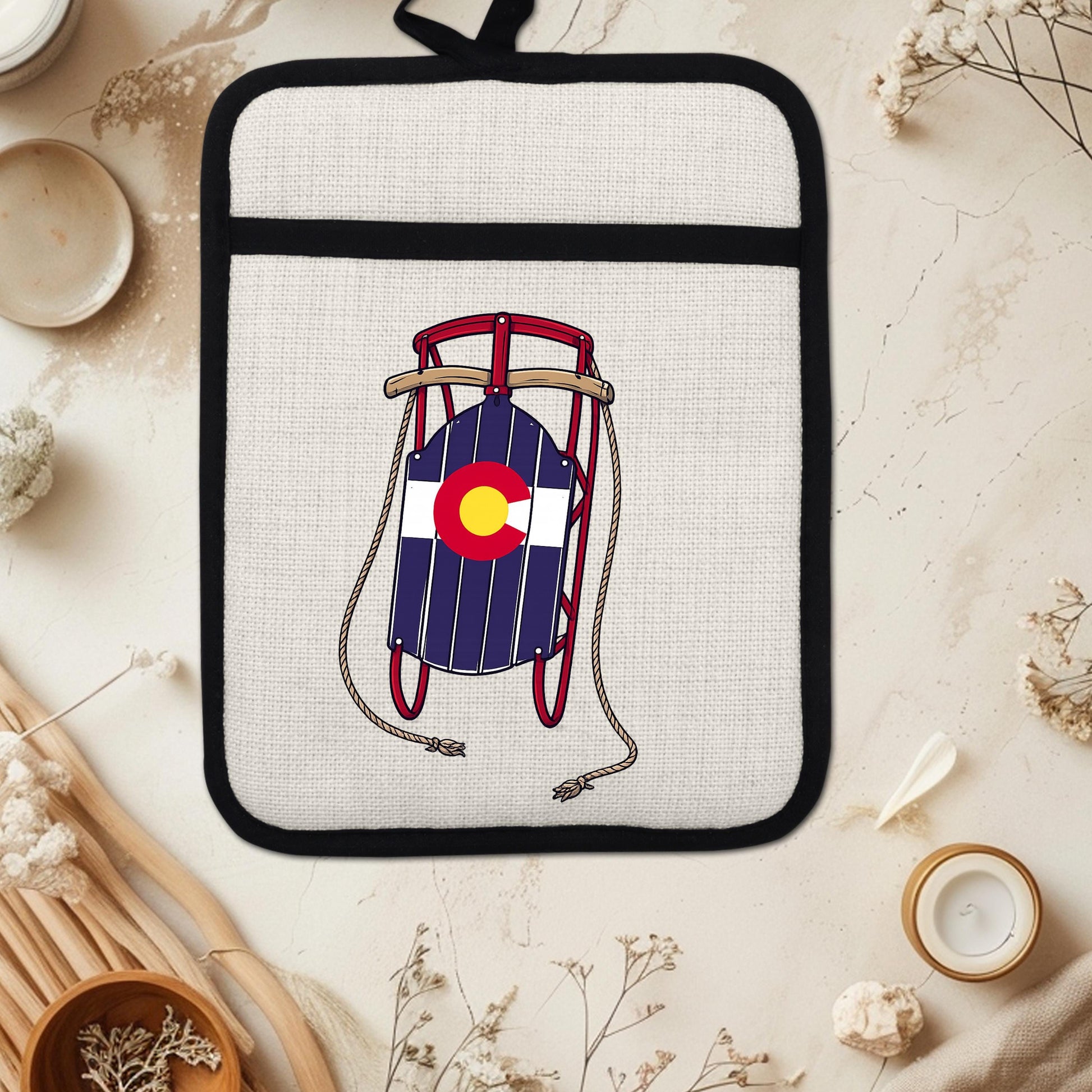 Colorado Sled Pot Holder - Linen Pot Holder with Silicone Back Trivet, Heat Resistant Oven Mitt - lifestyle view