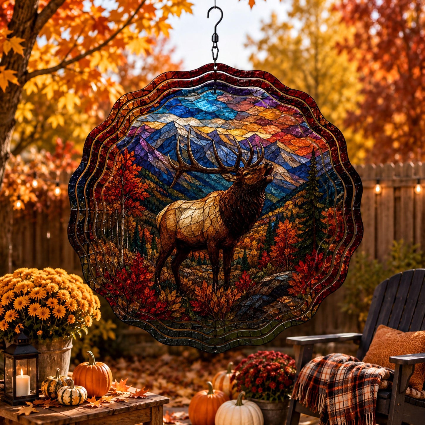 Elk Faux Stained Glass Wind Spinner Fall Mountain Wildlife Garden Decor