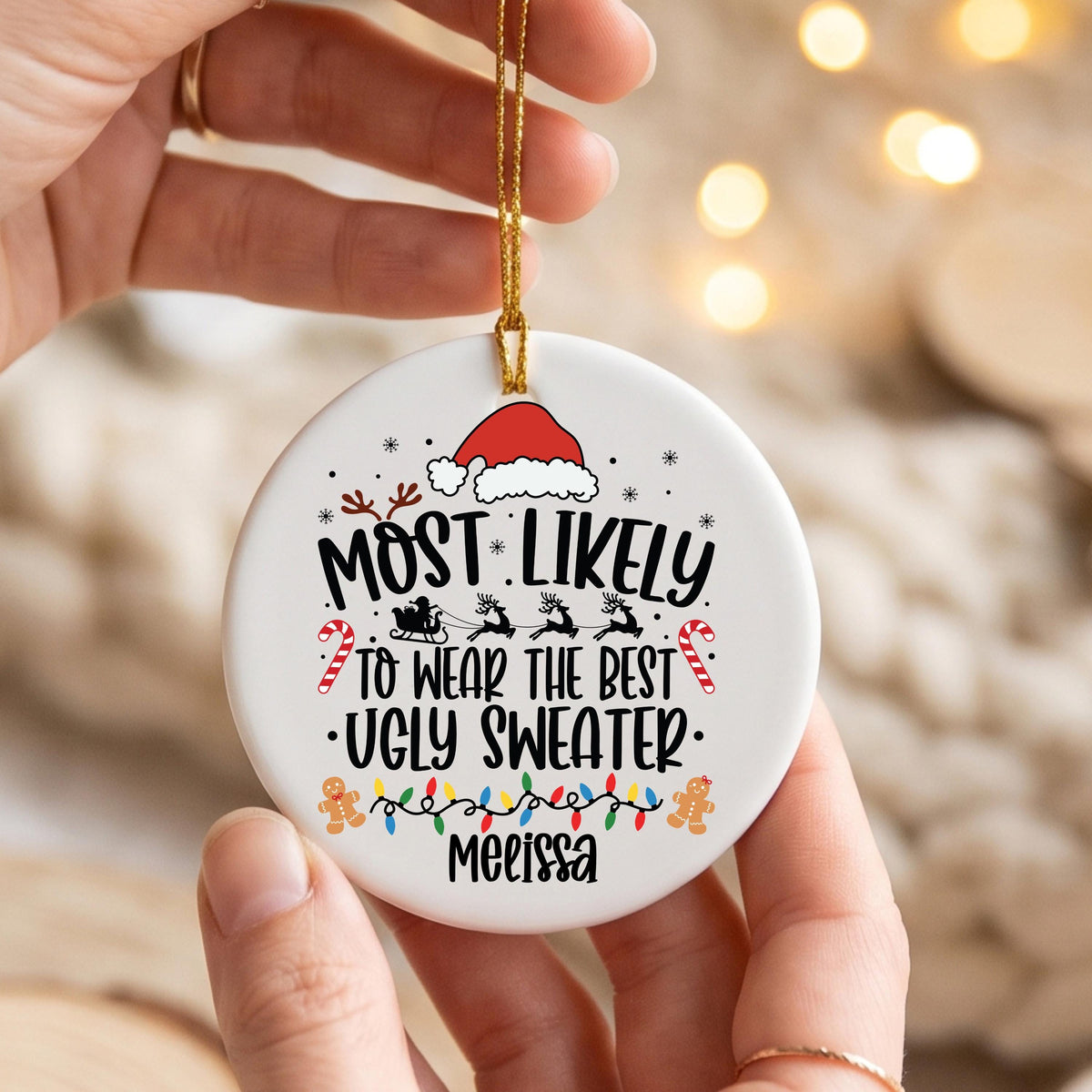 Personalized Christmas Ornament Ugly Sweater Ceramic, Custom Name