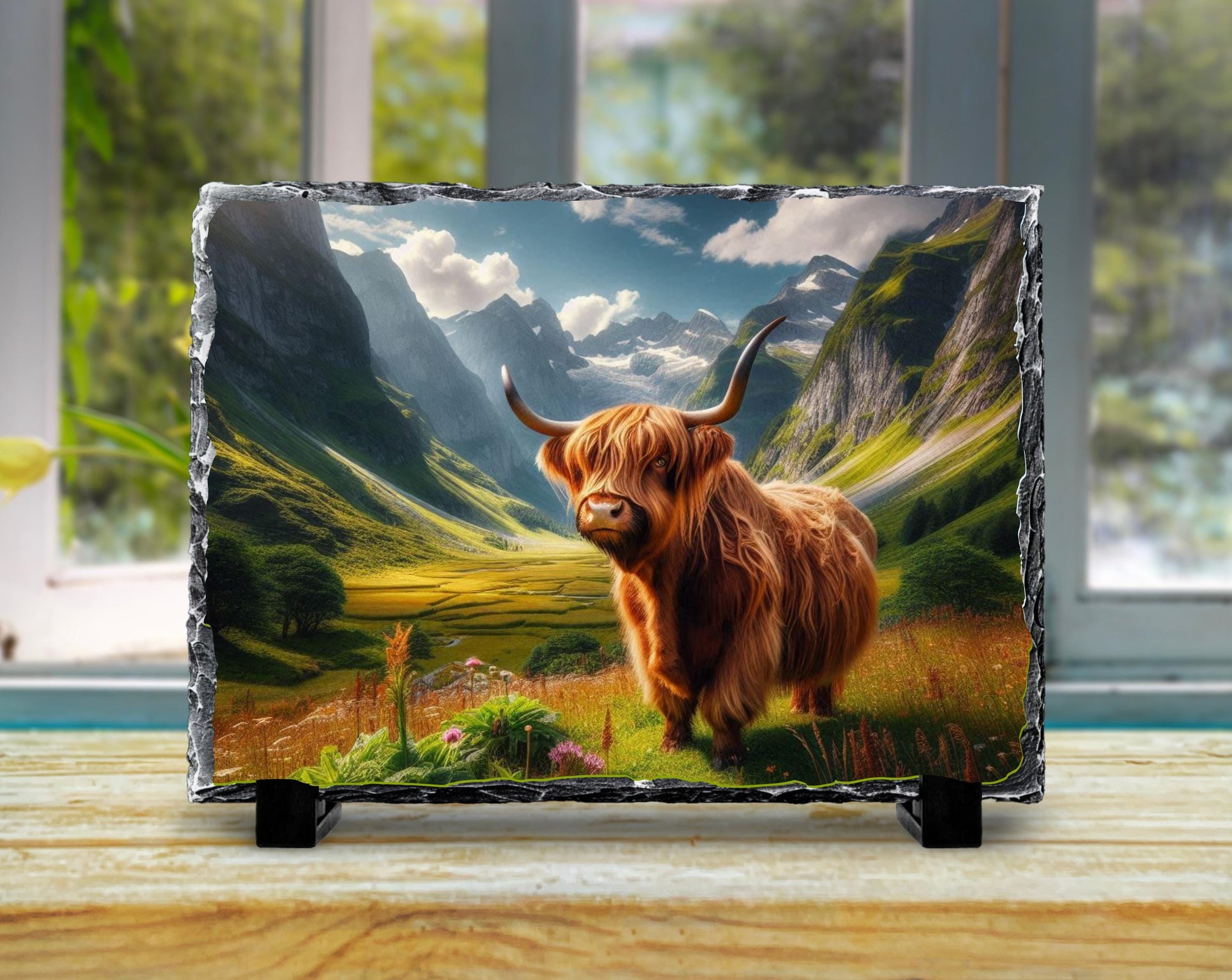 Highland Cow Slate Plaque – Durable Natural Stone Decor with Mountain View - packaging and presentation